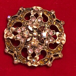 Vintage Gold Tone Multicolored Rhinestone Pendant with Floral & Scroll Open Work